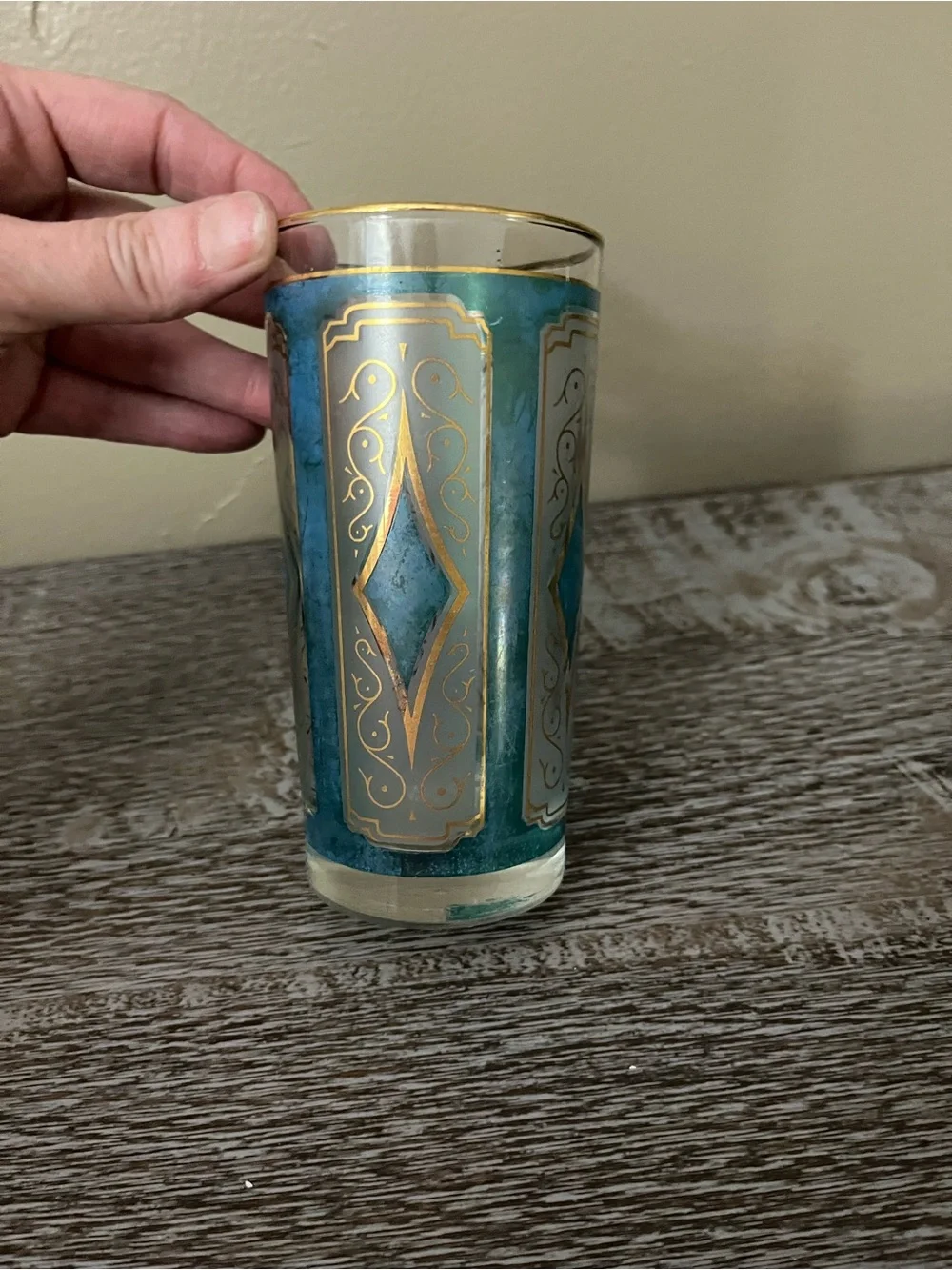 Vintage Libbey Blue & Gold Diamond Glasses Set of 3 with 22k gold rim